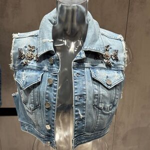 bebe Light Blue Denim Vest with Embellishments